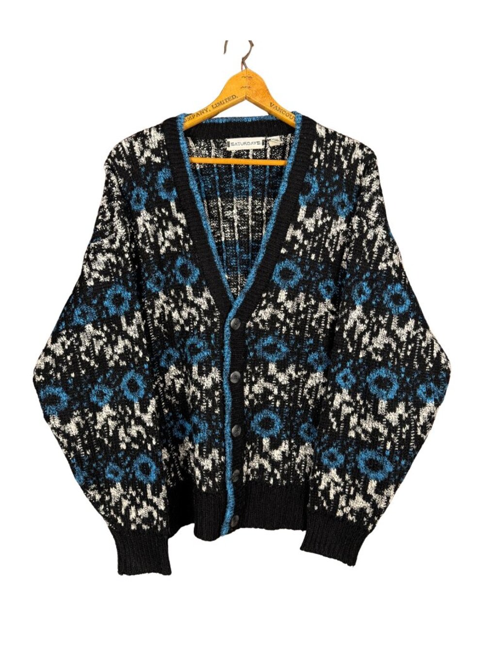 Vintage 90s Grandpa Cardigan Sweater Black Blue Patterned Knit Cardigan Eclectic